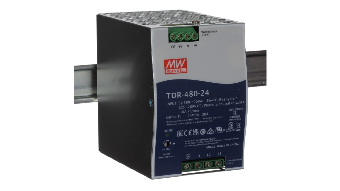 MEAN WELL TDR Switched Mode DIN Rail Power Supply, 340 → 550 V ac, 480 → 780 V dc, 24V dc dc Output, 20A