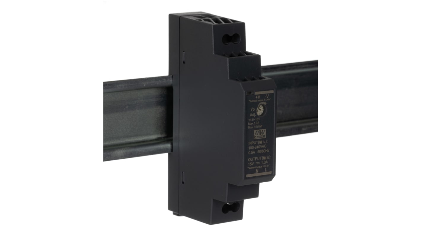 Alimentatore a montaggio su guida DIN MEAN WELL, 15V cc, 1A, 85 → 264 V ac, 120 → 370V cc, 15W