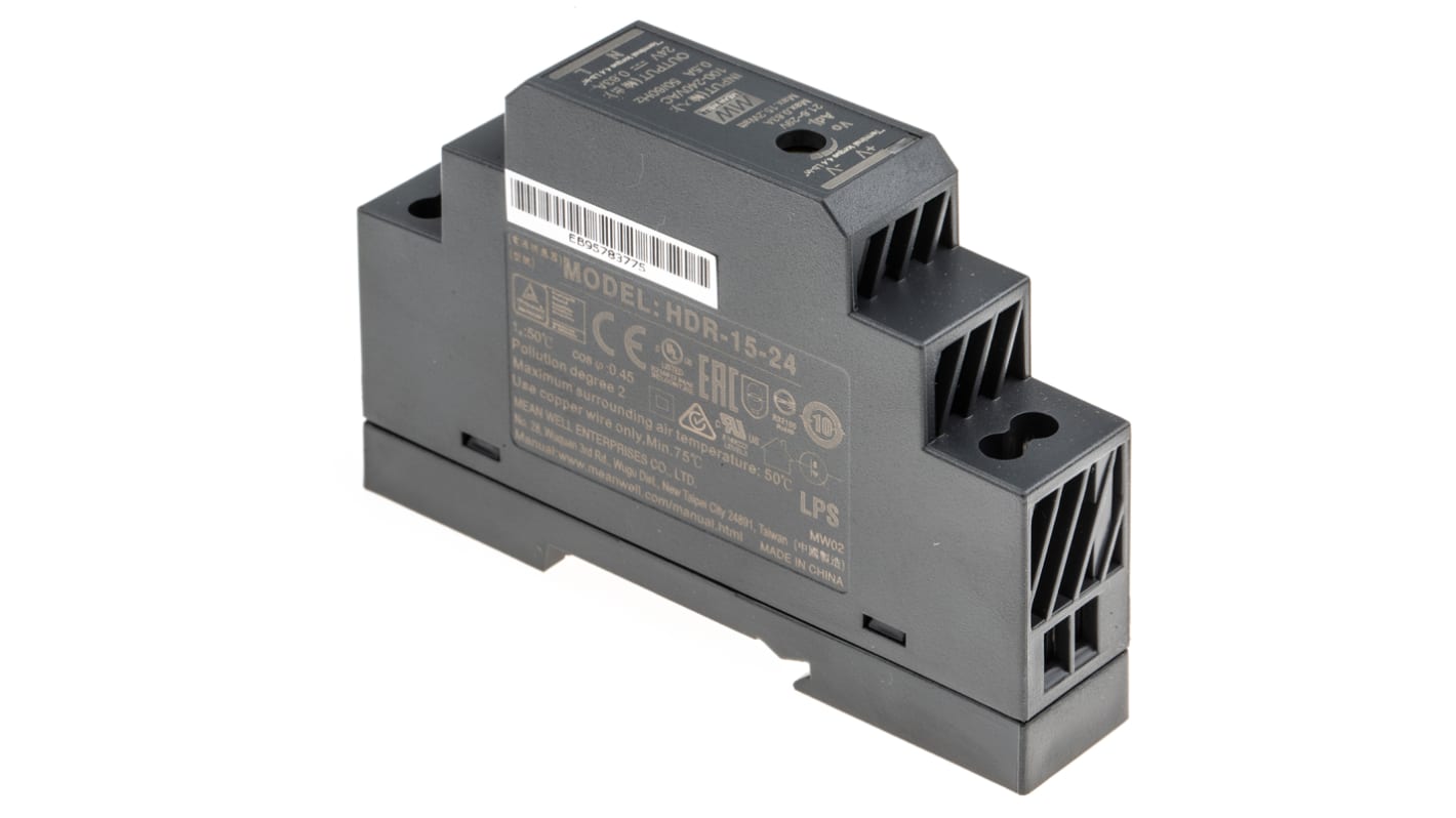 MEAN WELL HDR Switched Mode DIN Rail Power Supply, 85 → 264 V ac, 120 → 370V dc, 24V dc dc Output, 630mA