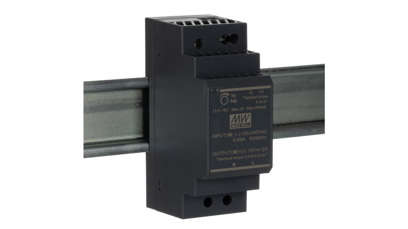 MEAN WELL HDR Switched Mode DIN Rail Power Supply, 85 → 264 V ac, 120 → 370V dc, 15V dc dc Output, 2A