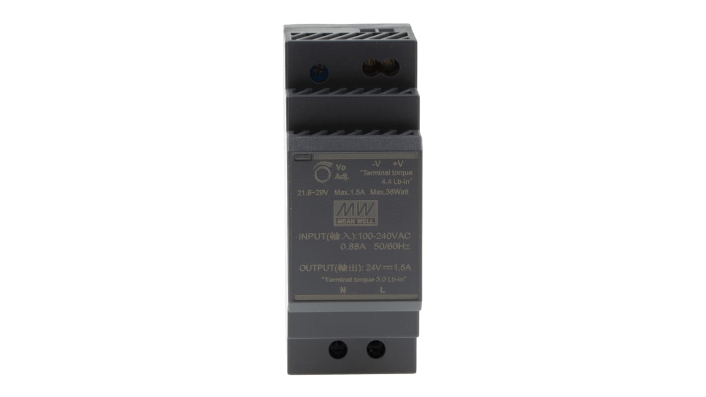 MEAN WELL HDR Switched Mode DIN Rail Power Supply, 85 → 264 V ac, 120 → 370V dc, 24V dc dc Output, 1.5A