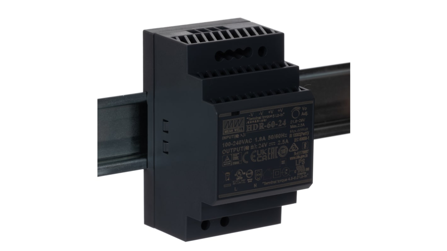 Alimentatore a montaggio su guida DIN MEAN WELL, 24V cc, 2.5A, 85 → 264 V ac, 120 → 370V cc, 60W
