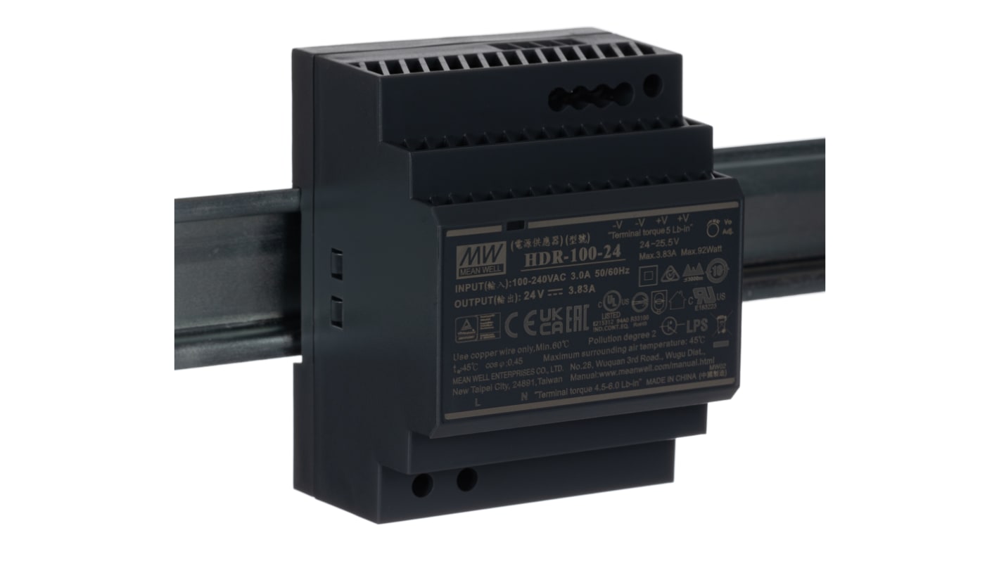 Alimentatore a montaggio su guida DIN MEAN WELL, 24V cc, 3.83A, 85 → 264 V ac, 120 → 370V cc, 92W
