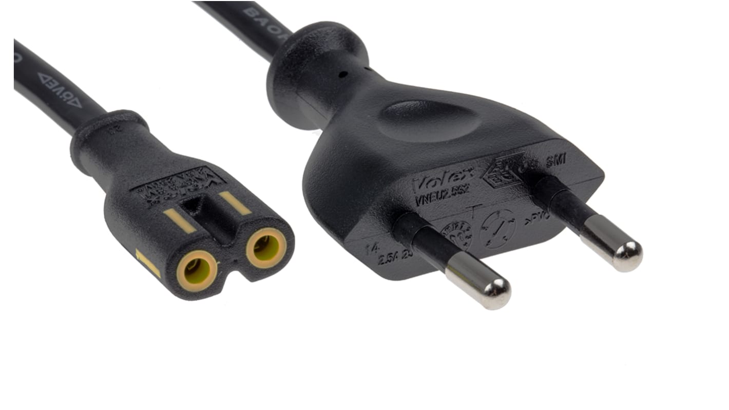 RS PRO Konfektioniertes Stromkabel, A IEC C7 / Buchse, B Eurostecker Typ C / Stecker, 2,5 A, 1.8m Schwarz,  250 V