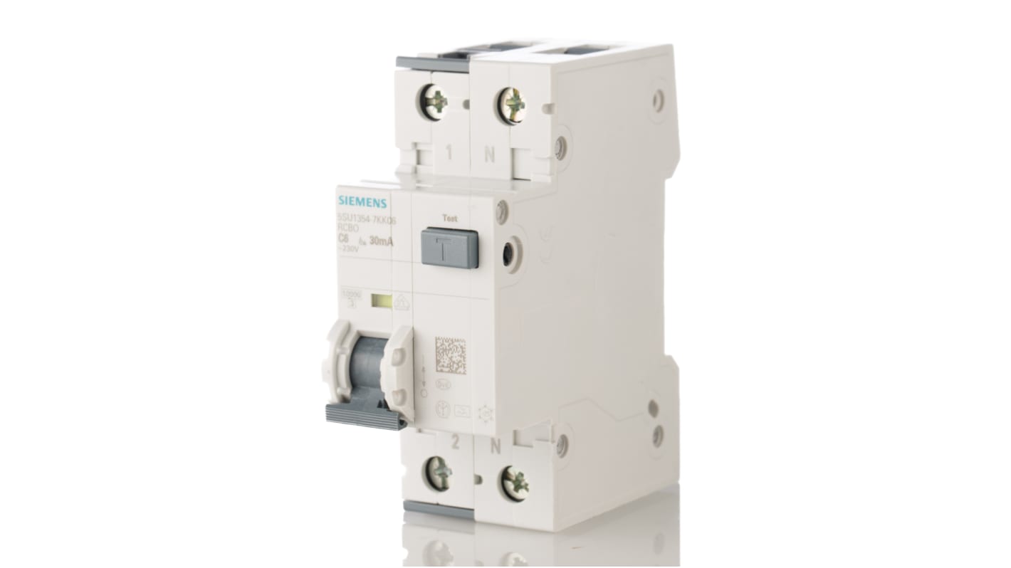 Siemens RCBO, 6A Current Rating, 2P Poles, 30mA Trip Sensitivity, Type C, Sentron Range