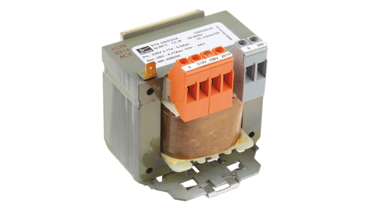Block 100VA DIN Rail Transformer, 218V ac, 230V ac, 242V ac Primary, 24V ac Secondary