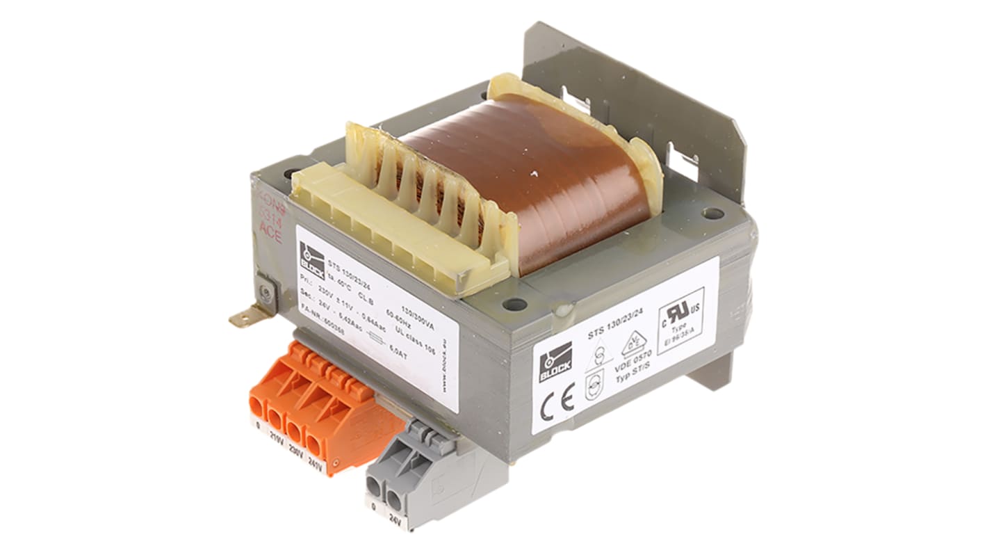 Block 130VA DIN Rail Transformer, 218V ac, 230V ac, 242V ac Primary, 24V ac Secondary