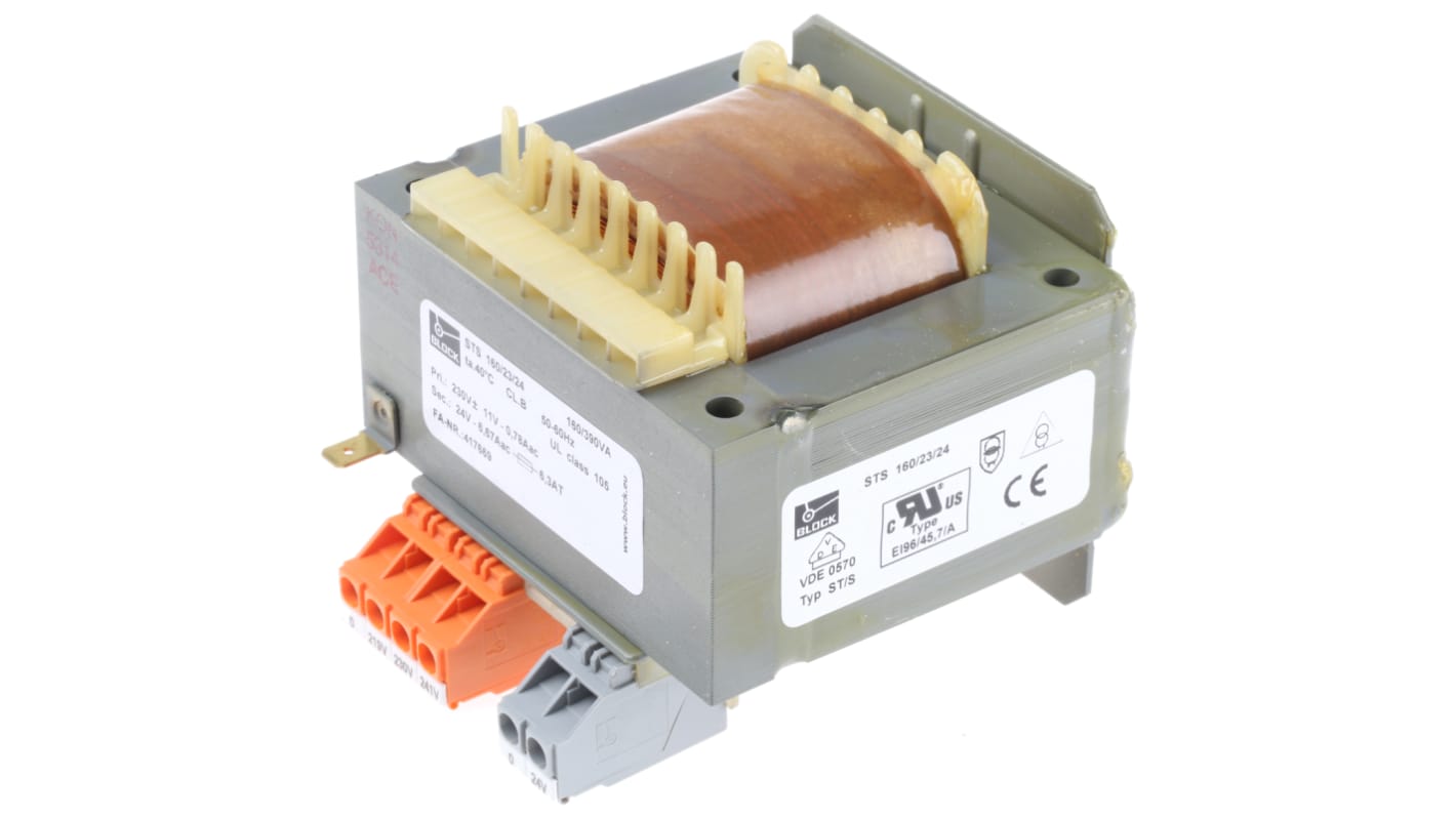 Block 160VA DIN Rail Transformer, 218V ac, 230V ac, 242V ac Primary, 24V ac Secondary