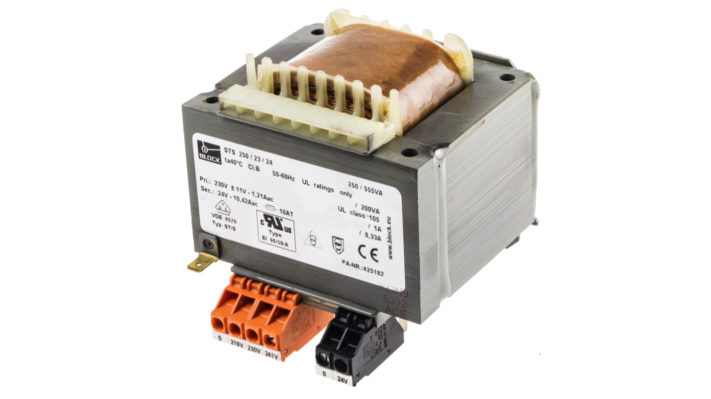 Block 250VA DIN Rail Transformer, 218V ac, 230V ac, 242V ac Primary, 24V ac Secondary