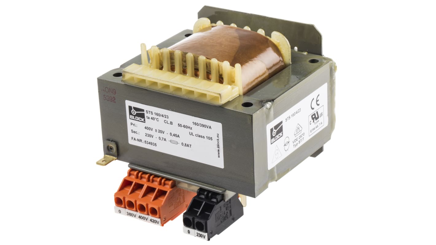 Block 160VA DIN Rail Transformer, 380V ac, 400V ac, 420V ac Primary, 230V ac Secondary