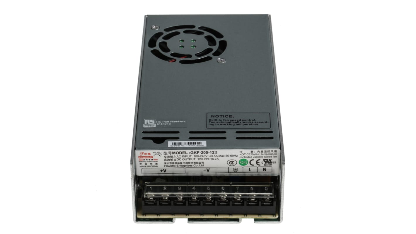 RS PRO Switching Power Supply, 12V dc, 16.7A, 200W, 1 Output, 120 → 370 V dc, 85 → 264 V ac Input Voltage
