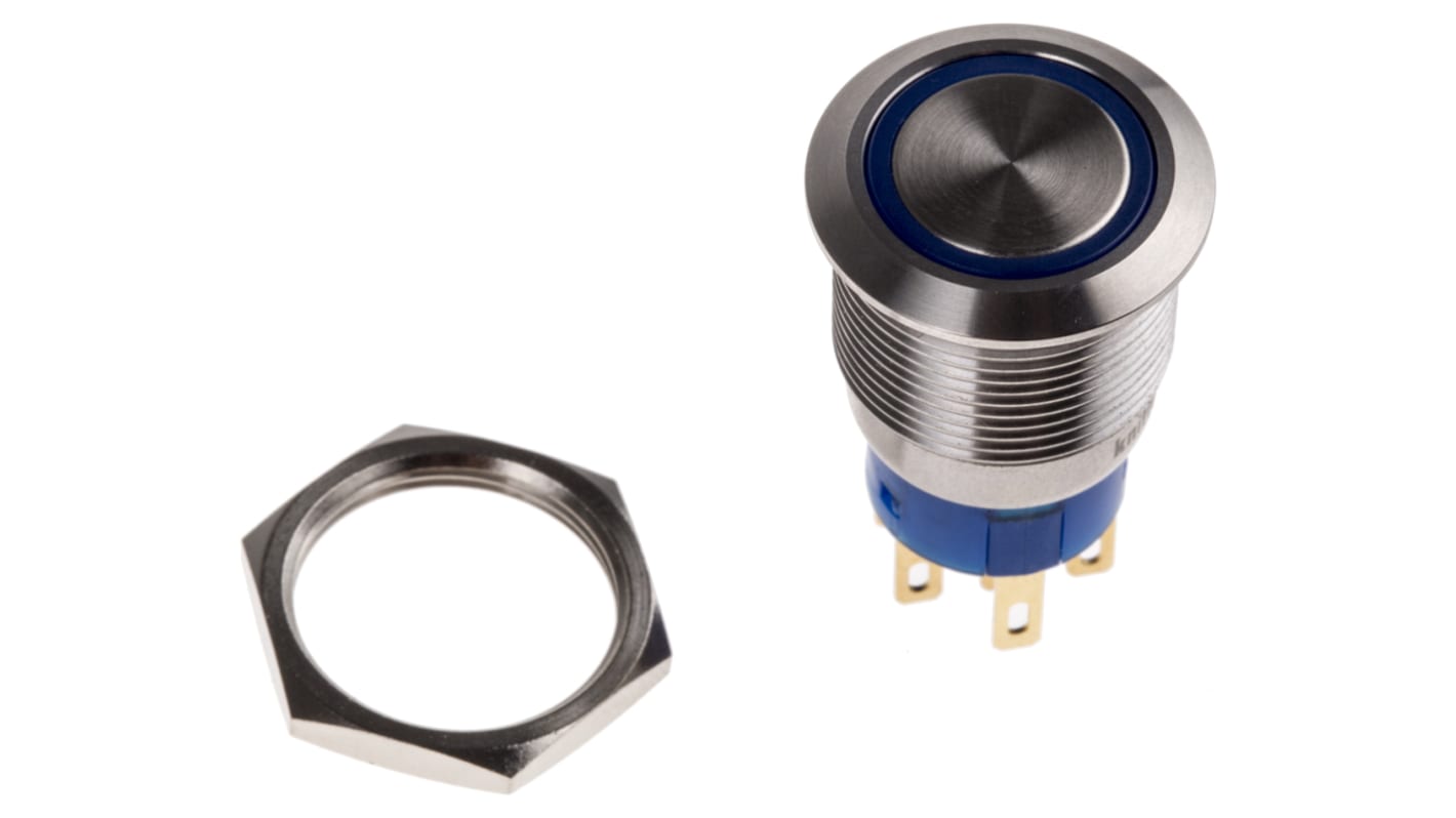 KNITTER-SWITCH Illuminated Vandal Proof Push Button Switch, Momentary, Panel Mount, 19.2mm Cutout, DPDT, Blue LED, 28 V
