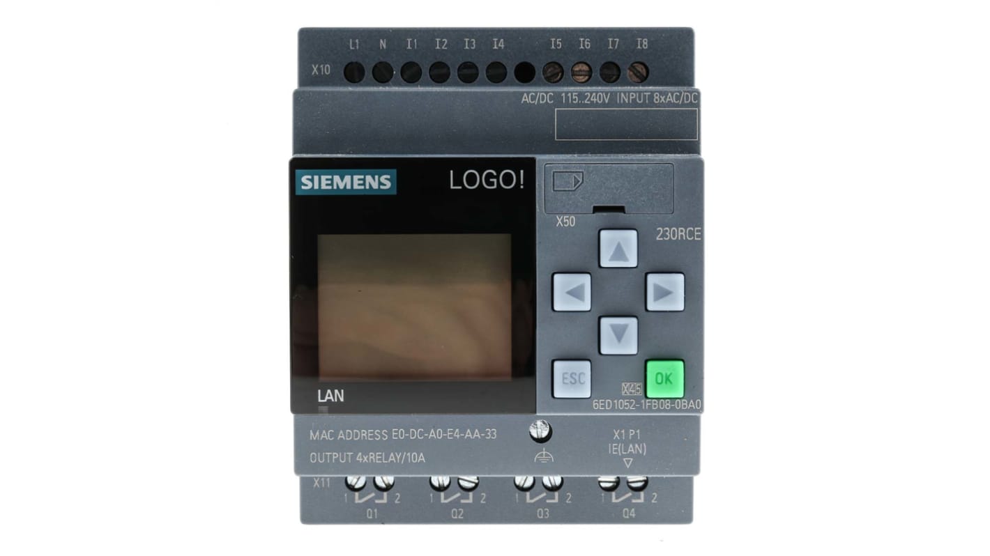 Siemens LOGO! Series Logic Module for Use with LOGO! 8.2, 115 V ac/dc, 230 V ac/dc Supply, Relay Output, 8-Input,