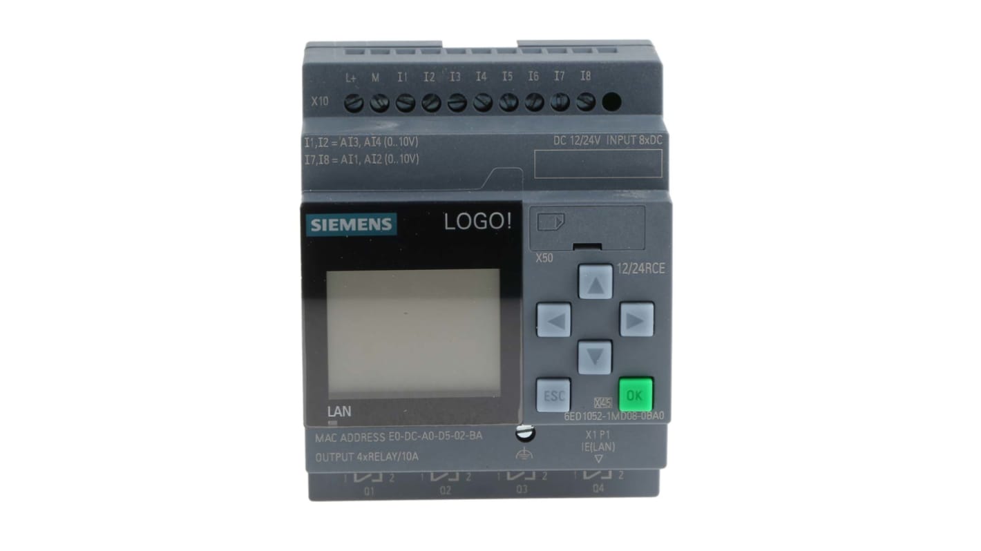 Siemens LOGO!系列 逻辑模块, 8路模拟，数字输入, 4路继电器输出, 以太网网络, 12 V 直流，24 V 直流电源