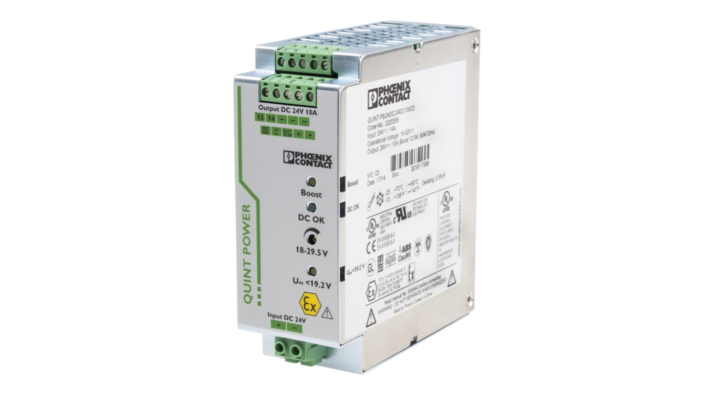 Phoenix Contact QUINT-PS/24DC/24DC/10/CO DC-DC Converter, 24V dc/ 10A Output, 18 → 32 V dc Input, 24W, DIN Rail