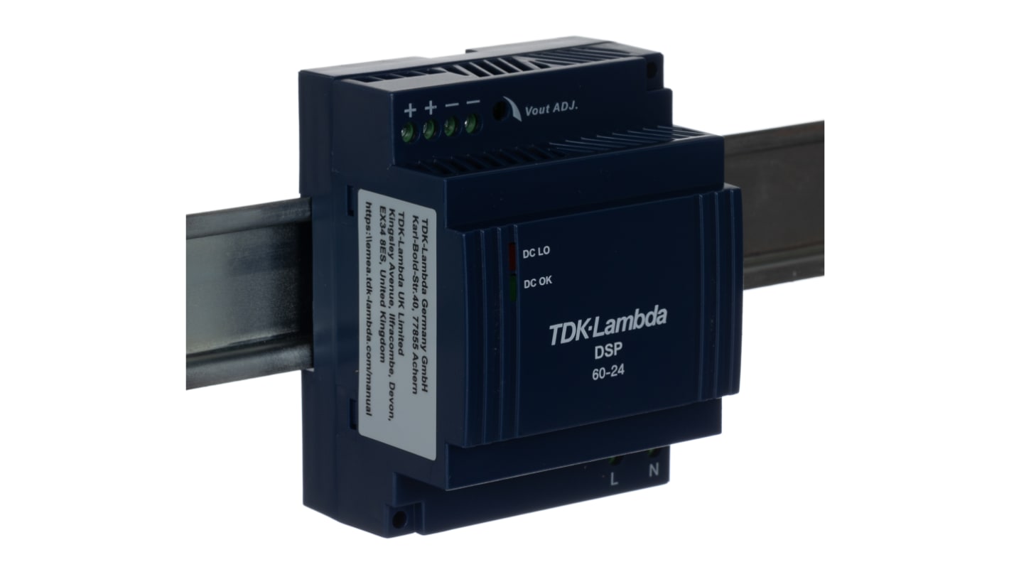 Alimentatore a montaggio su guida DIN TDK-Lambda, 24V cc, 2.5A, 90 → 264 V ac / 120 →370V cc, 60W