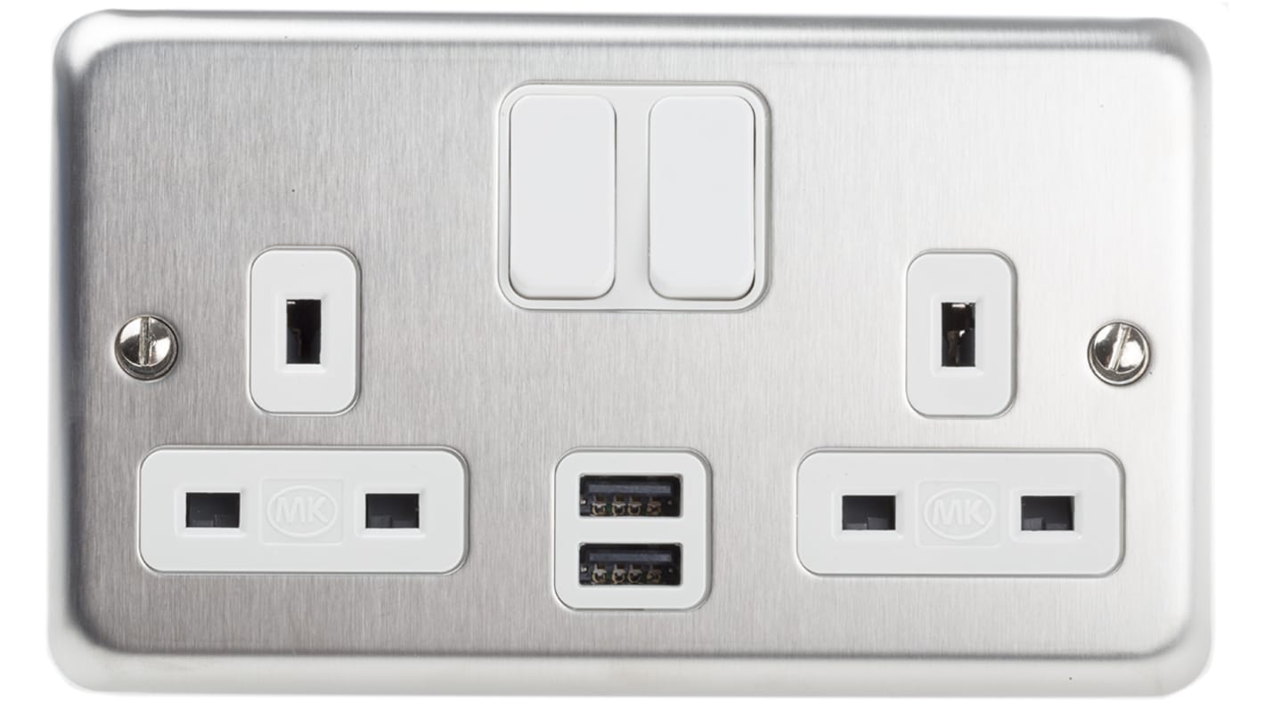 MK Electric Silver 2 Gang Plug Socket, 2 x 2P + E Poles, 2A, Type G - British, USB