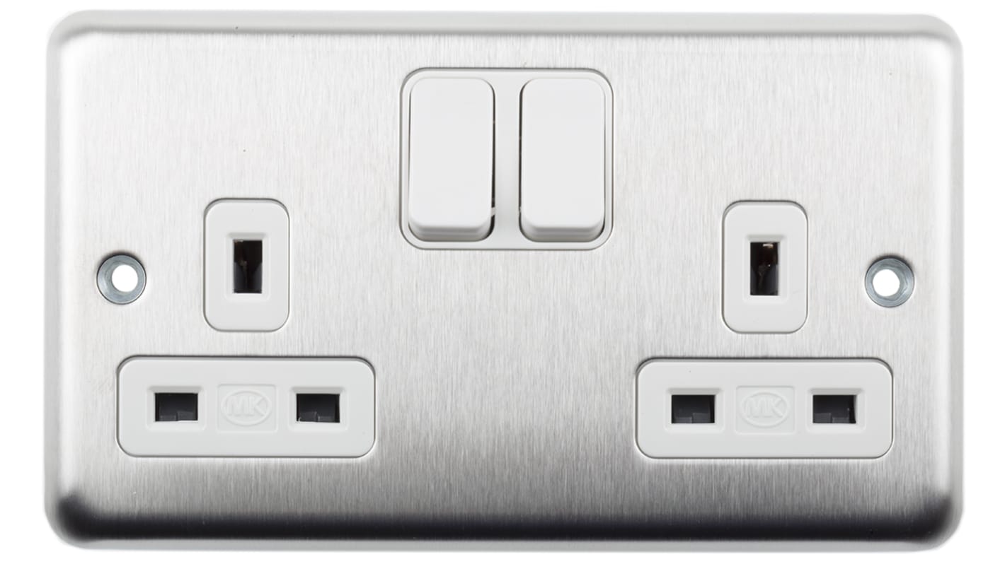 MK Electric Silver 2 Gang Plug Socket, 2 x 2P + E Poles, 13A, Type G - British