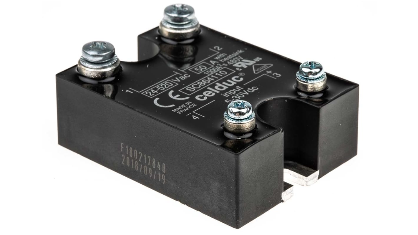 Celduc SC8 Series Solid State Relay, 50 A Load, Panel Mount, 520 V rms Load, 30 V dc Control