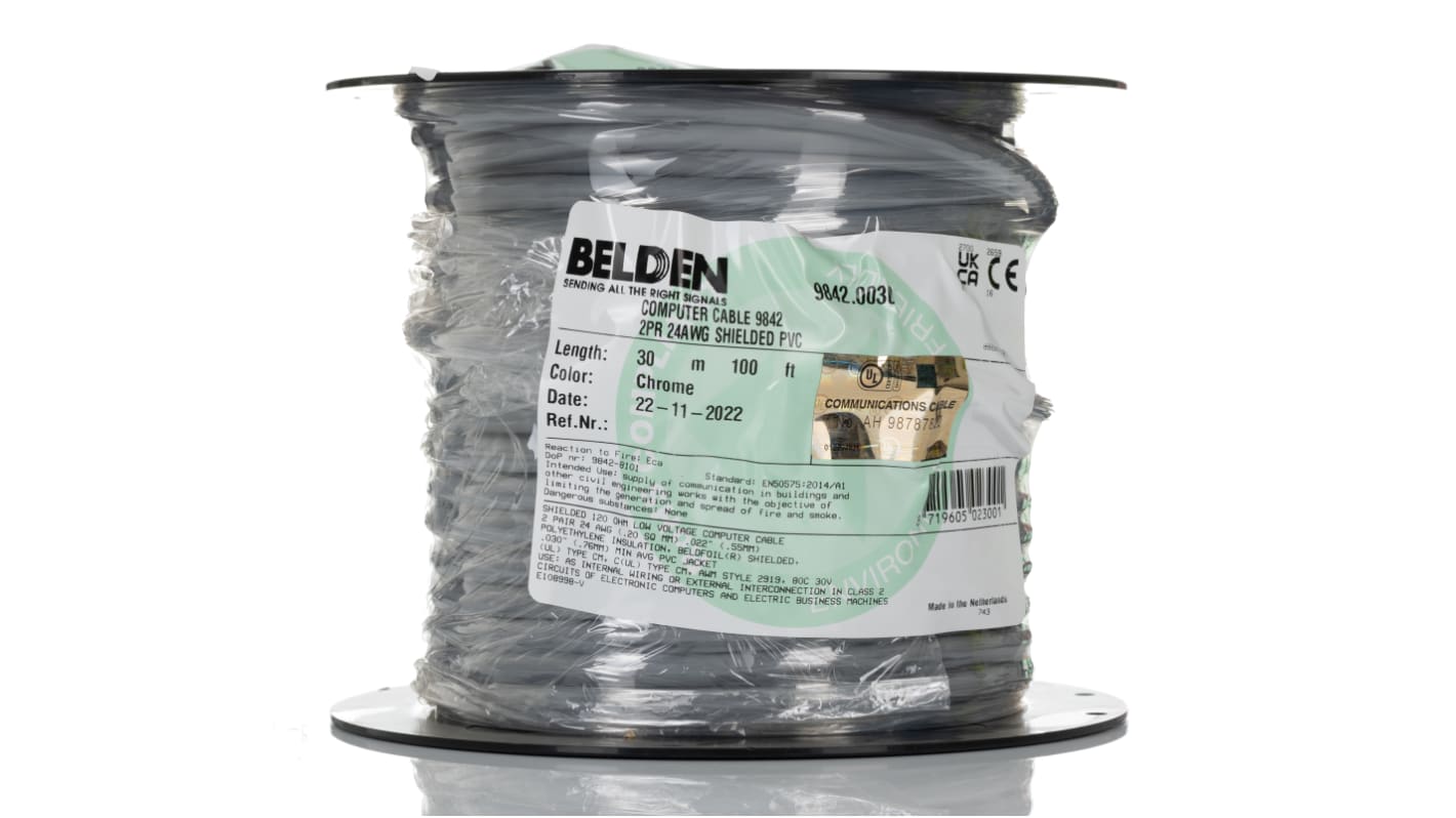 Belden 9842 Series Data Cable, 2 Pairs, 4 Cores, 0.25 mm², Screened, 24 AWG, 30m, Aluminium Foil-PET Tape, Tinned