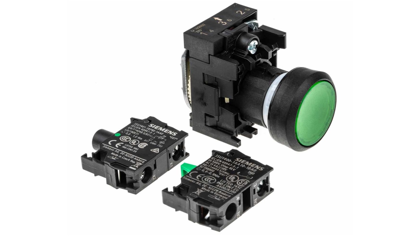Siemens SIRIUS ACT 3SU11 Series Illuminated Push Button Complete Unit, Panel Mount, 22mm Cutout, SPST