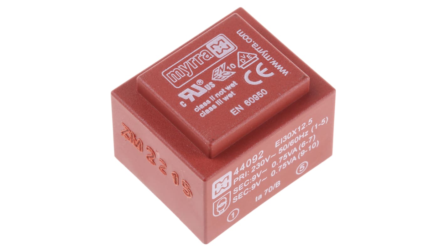 Trasformatore per PCB Myrra, 1.5VA, primario 230V ca, secondario 9V ca, 2 uscite
