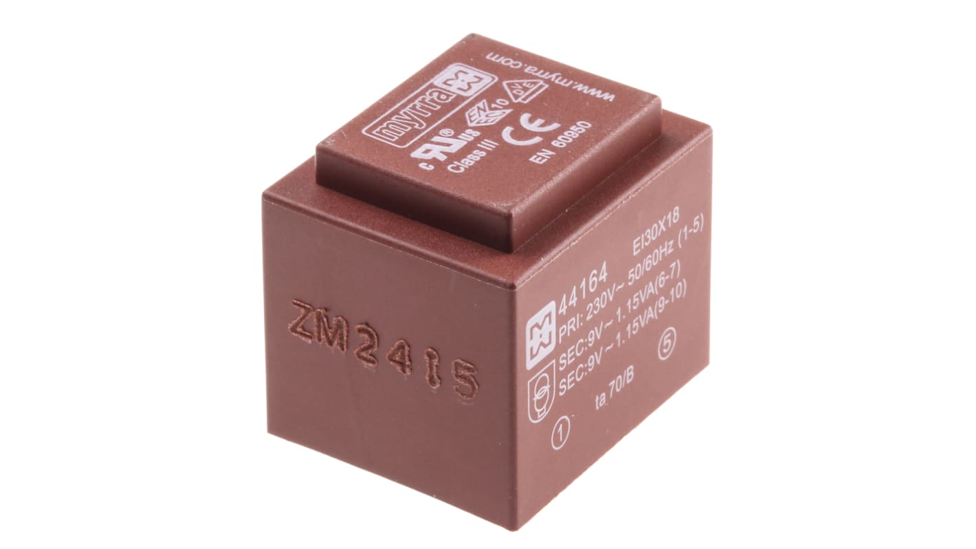 Trasformatore per PCB Myrra, 2.3VA, primario 230V ca, secondario 9V ca, 2 uscite