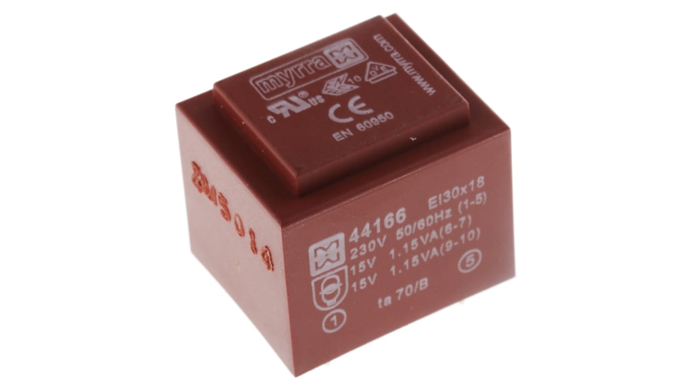 Trasformatore per PCB Myrra, 2.5VA, primario 230V ca, secondario 15V ca, 2 uscite