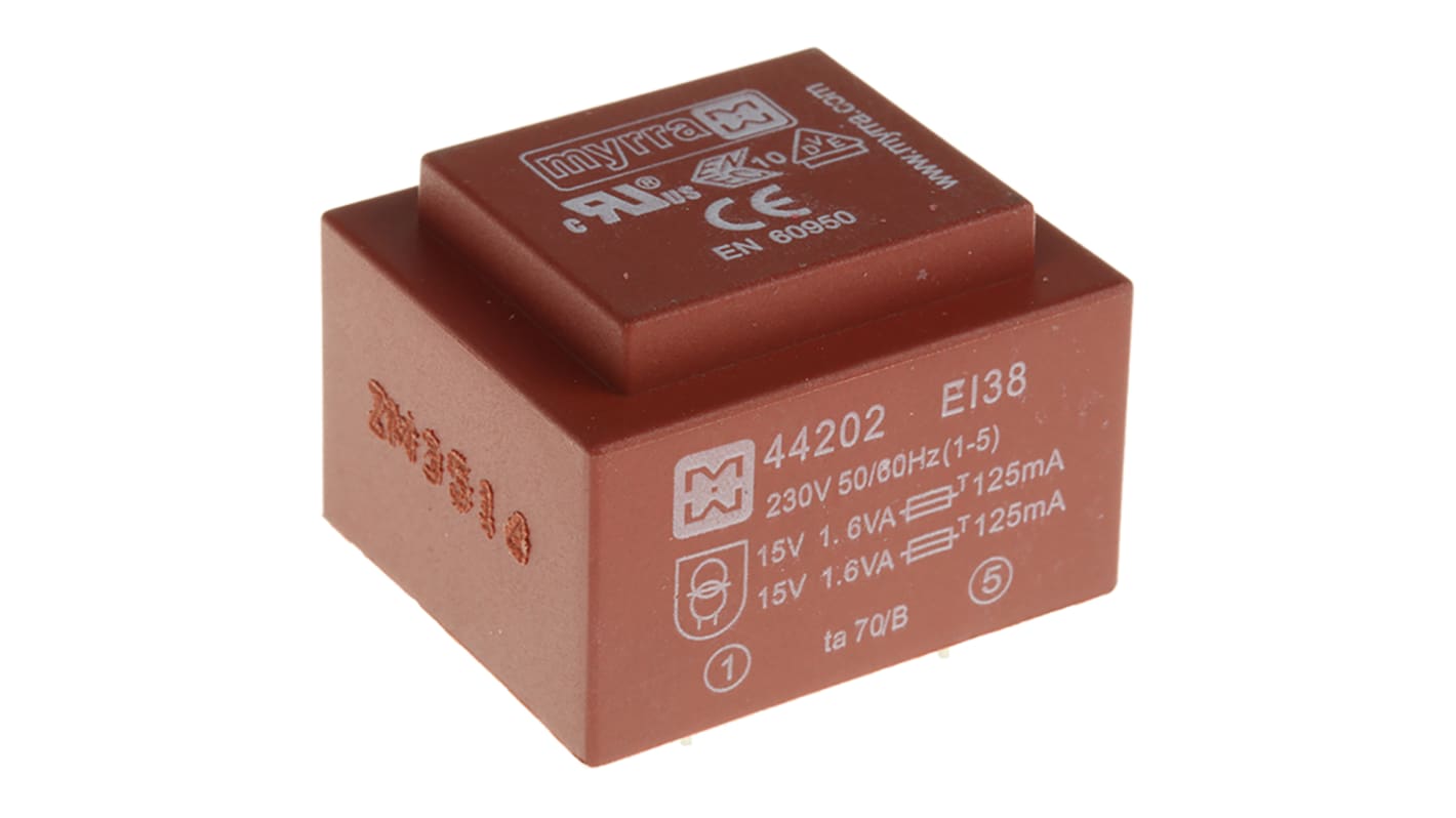 Trasformatore per PCB Myrra, 3.2VA, primario 230V ca, secondario 15V ca, 2 uscite
