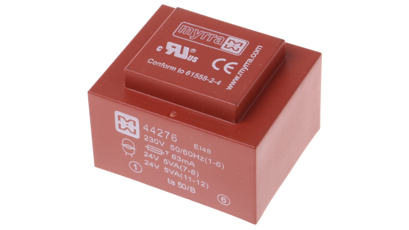 Trasformatore per PCB Myrra, 10VA, primario 230V ca, secondario 24V ca, 2 uscite