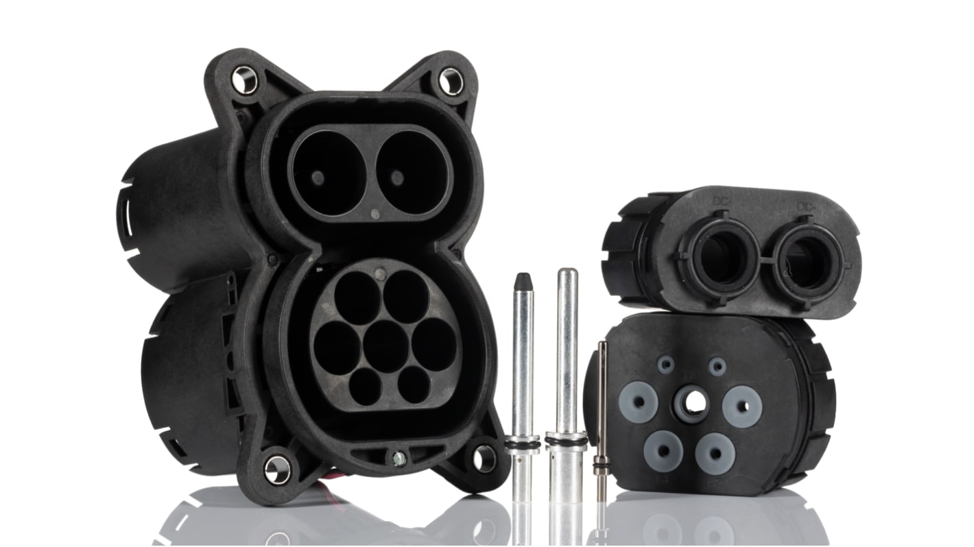 Conector para vehículo eléctrico Macho 8 contactos, Ángulo de 90° , Montaje en Panel, 1000V, 200A, IP44