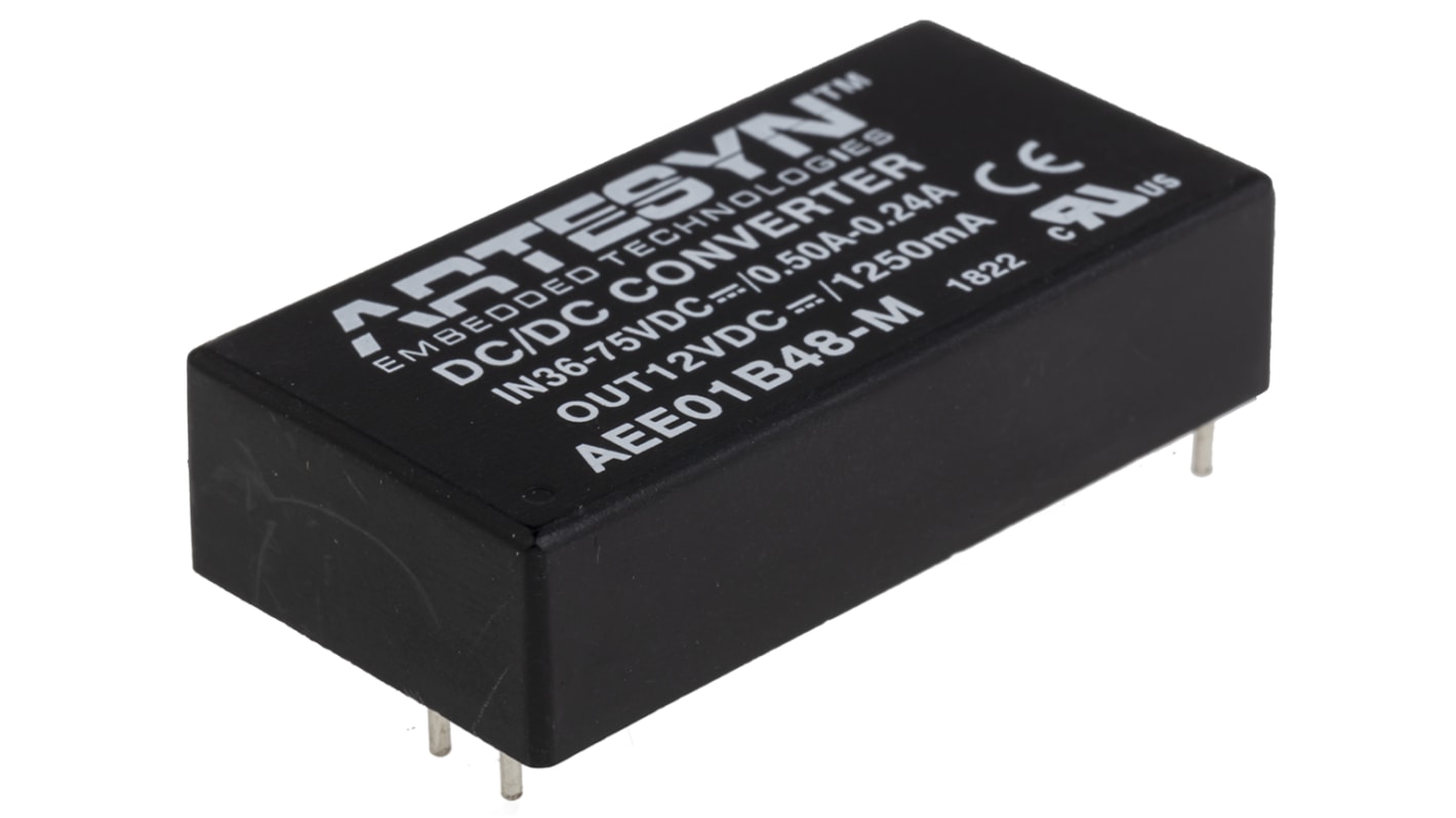 Artesyn AEE15W-M DC-DC Converter, 12V dc/ 1.25A Output, 36 → 75 V dc Input, 15W, Through Hole, +80°C Max Temp