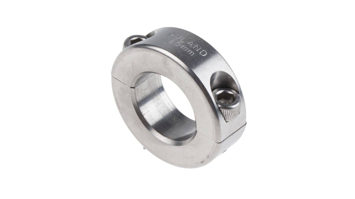 Ruland 303不锈钢轴环, 25mm轴径, 45mm外径, 15mm宽, 两件, 双宽, 夹紧螺丝固定, 明亮饰面