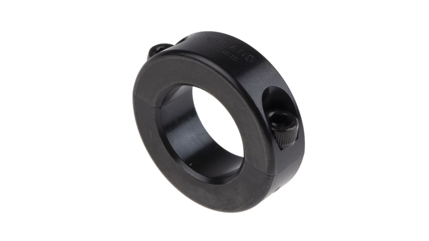 Ruland 碳钢轴环, 28mm轴径, 48mm外径, 15mm宽, 两件, 双宽, 夹紧螺丝固定, 黑色氧化饰面