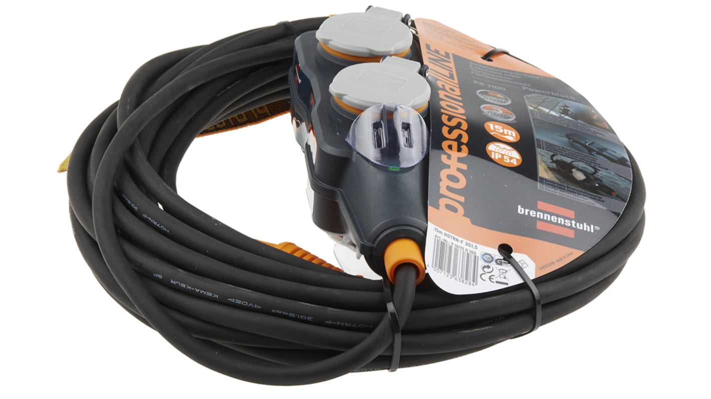 Regleta de enchufes brennenstuhl Professional Line, long. cable 15m, 4 tomas Tipo F - Schuko alemán, 230 V ac, de