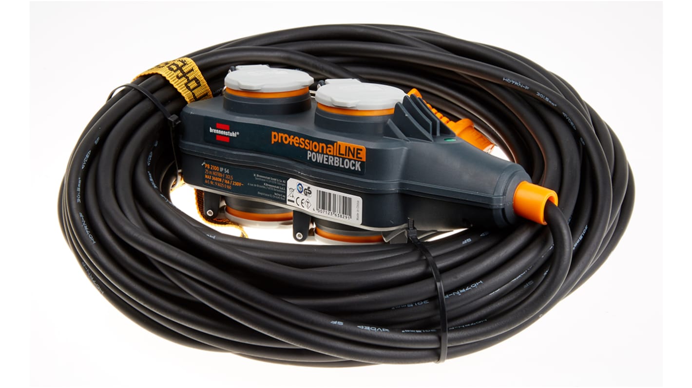 Rallonge électrique brennenstuhl 25m, 4 prises Type F - Schuko allemand, 230 V c.a. 16A, IP54