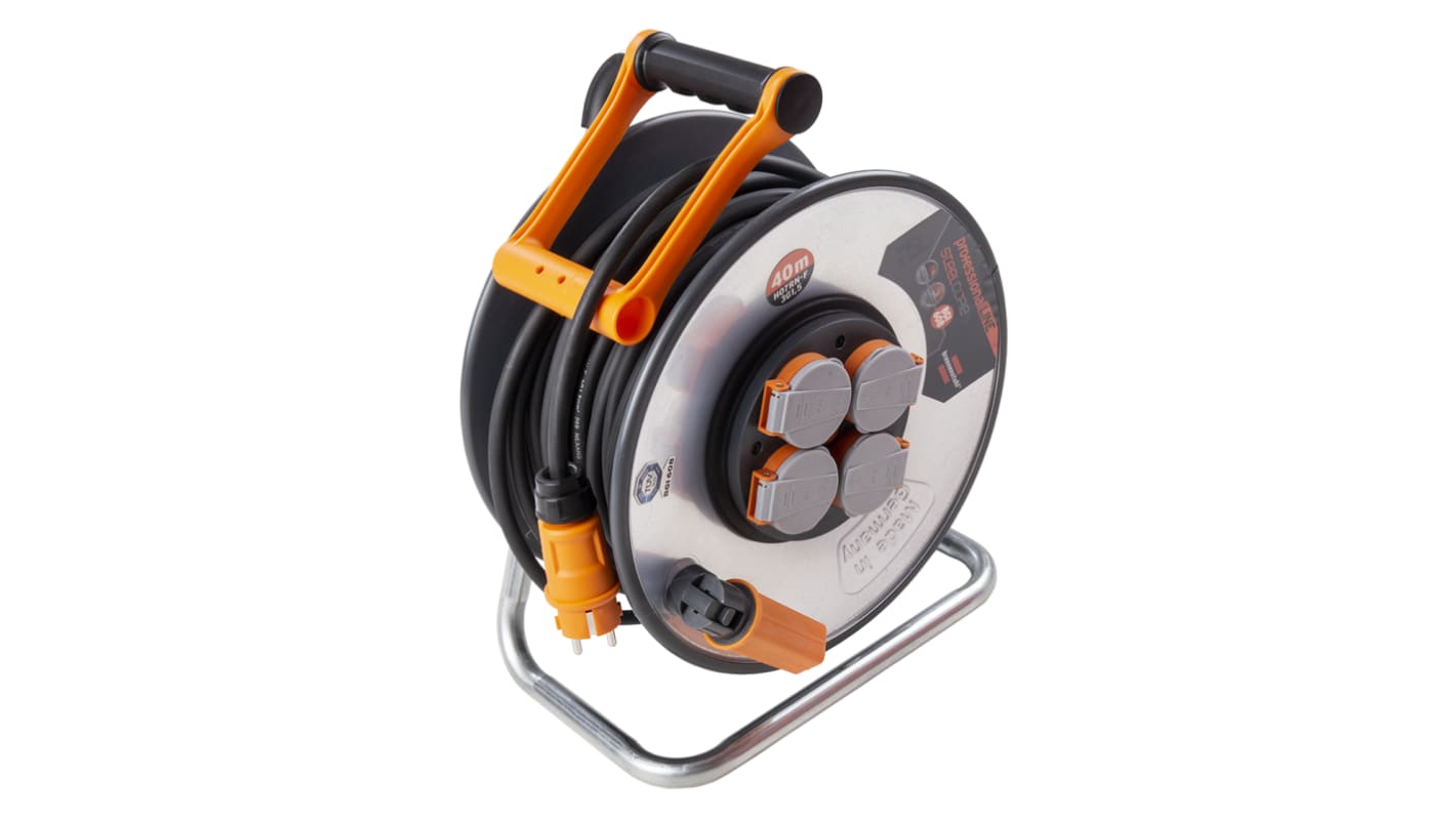 Enrollacable brennenstuhl Professional Line, long. cable 40m, 4 tomas Tipo F - Schuko alemán, 230 V ac, de Neopreno