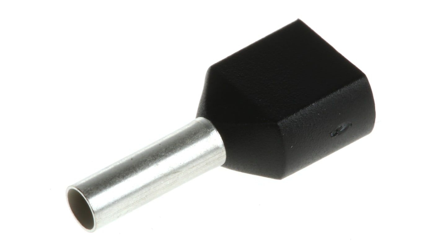 SES, PLIO Insulated Crimp Bootlace Ferrule, 8mm Pin Length, 2.3mm Pin Diameter, 2 x 1.5mm² Wire Size, Black