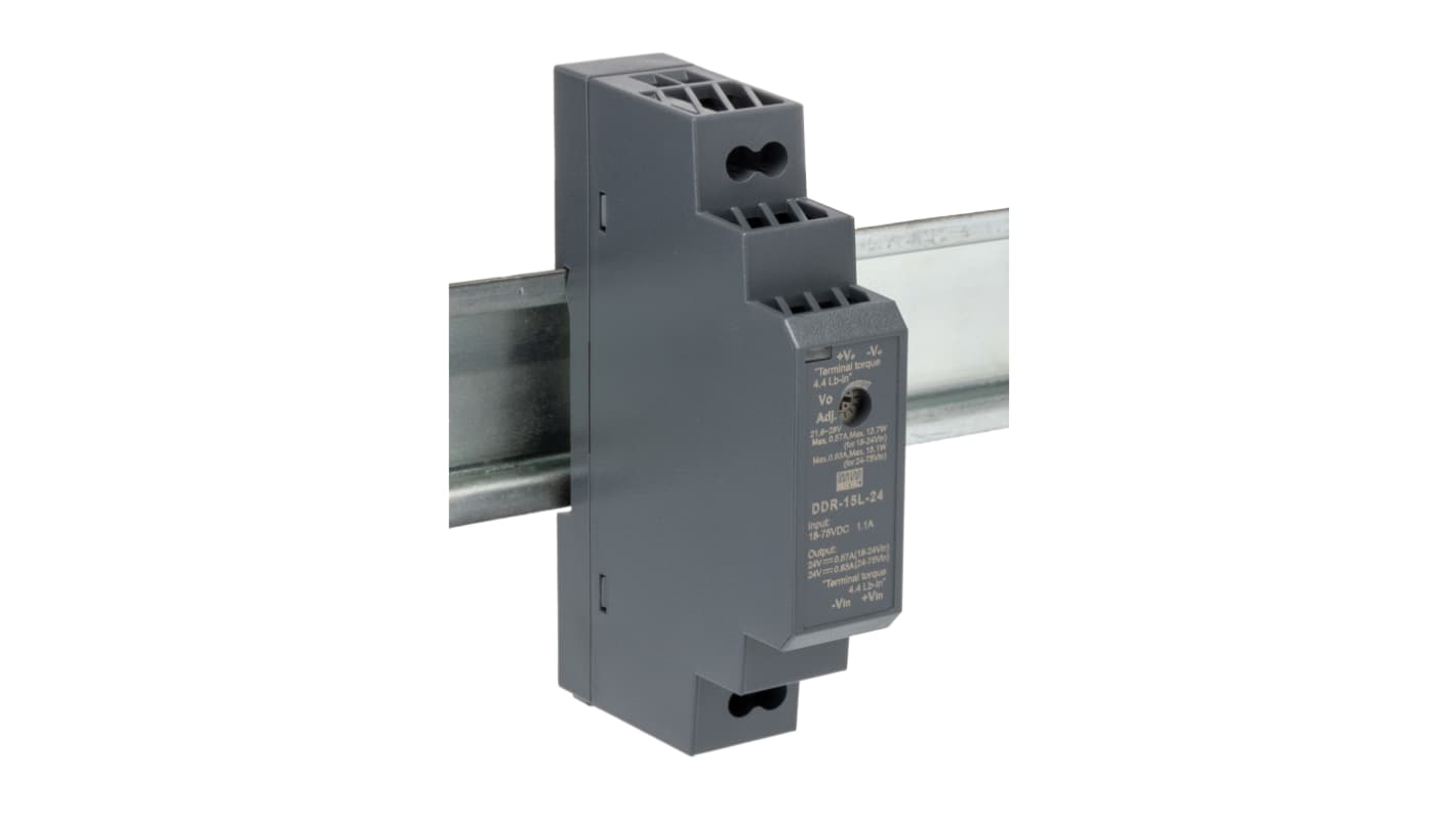 MEAN WELL DDR-15 DC-DC Converter, 24V dc/ 630mA Output, 15W, DIN Rail Mount, +85°C Max Temp -40°C Min Temp