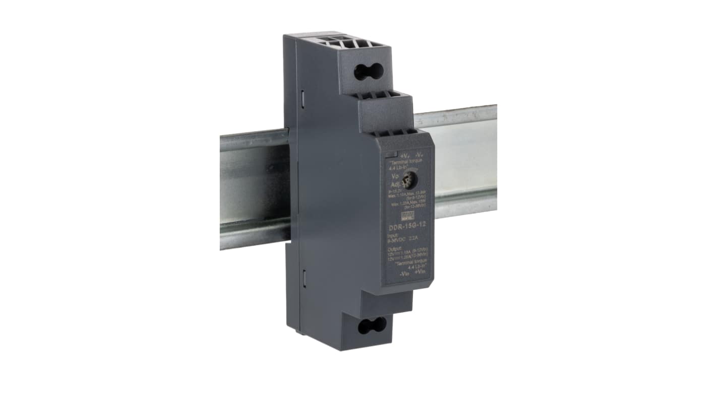 MEAN WELL DDR-15 DC-DC Converter, 12V dc/ 1.25A Output, 15W, DIN Rail Mount, +85°C Max Temp -40°C Min Temp