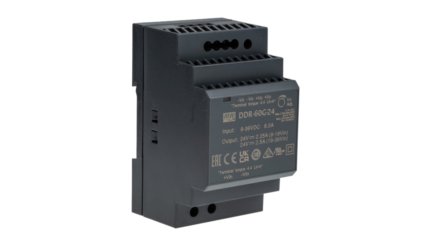 MEAN WELL DDR-60 DC-DC Converter, 24V dc/ 2.5A Output, 60W, DIN Rail Mount, +85°C Max Temp -40°C Min Temp