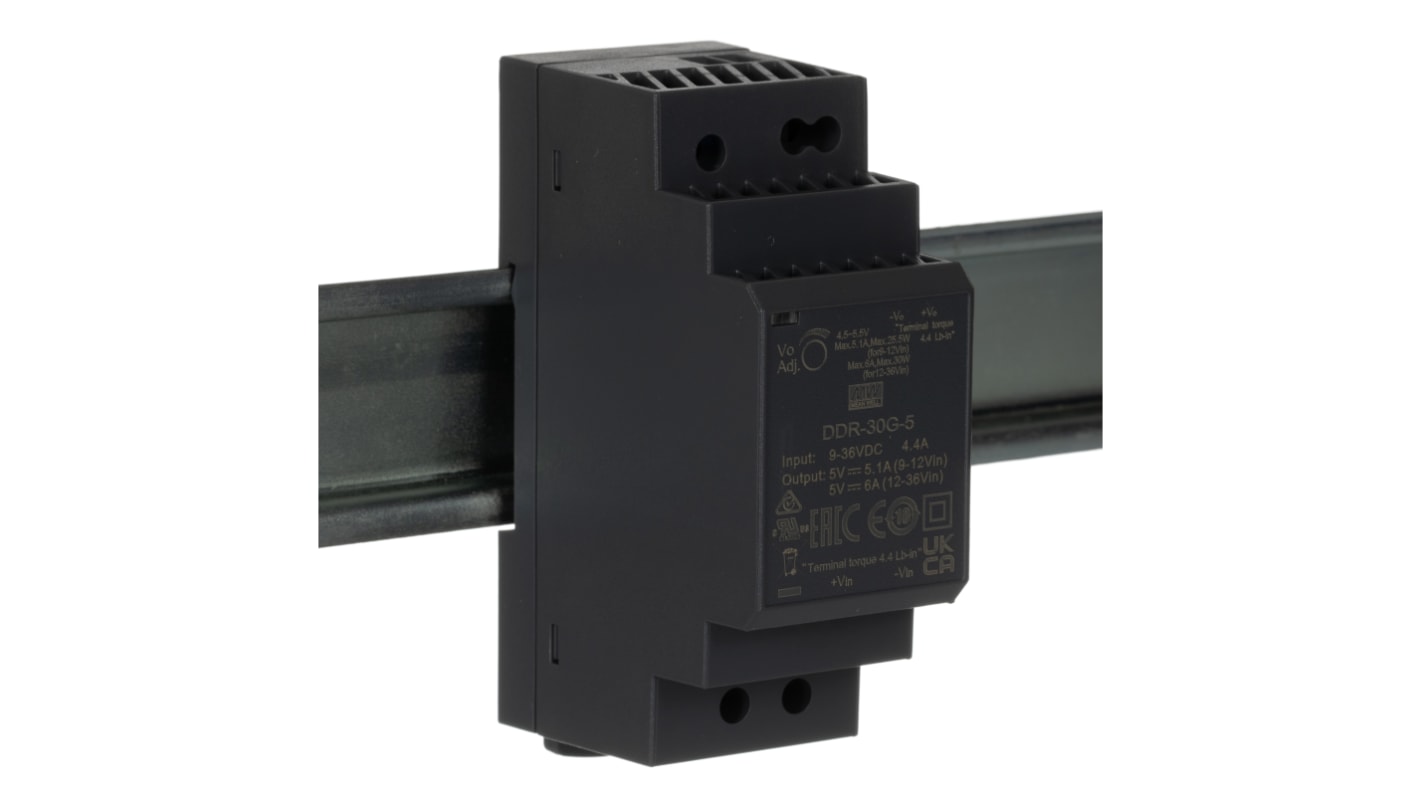 MEAN WELL DDR-30 DC-DC Converter, 5V dc/ 6A Output, 30W, DIN Rail Mount, +85°C Max Temp -40°C Min Temp