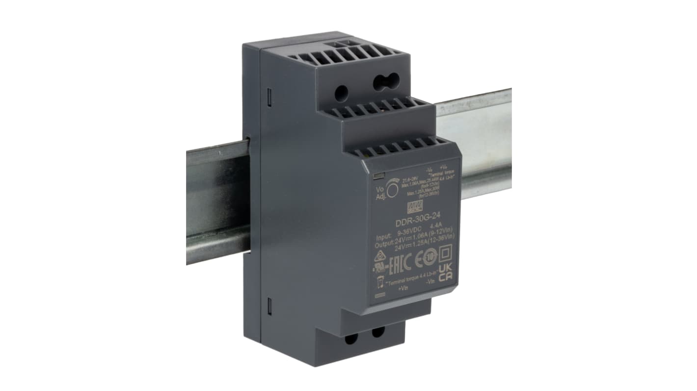 MEAN WELL DDR-30 DC-DC Converter, 24V dc/ 1.25A Output, 30W, DIN Rail Mount, +85°C Max Temp -40°C Min Temp