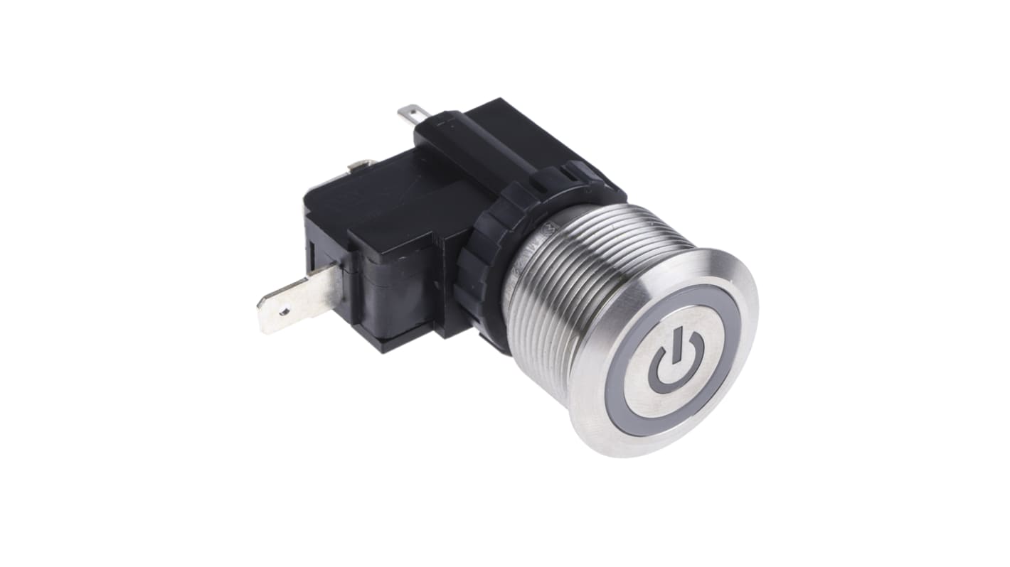 RS PRO Illuminated Push Button Switch, Momentary, Panel Mount, 22.2mm Cutout, SPST, White LED, 250 / 125V ac, IP67