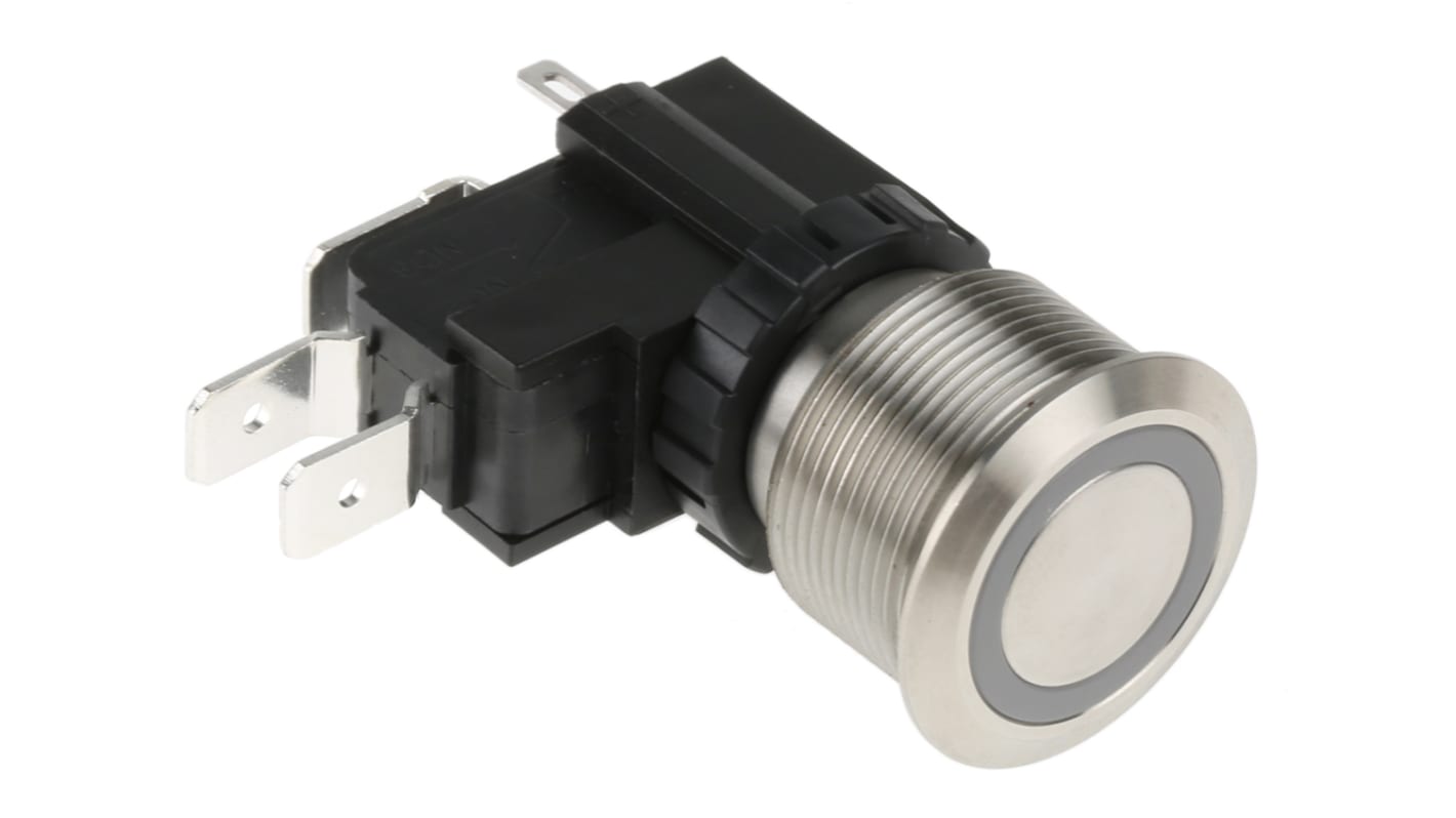 RS PRO Illuminated Push Button Switch, Momentary, Panel Mount, 22.2mm Cutout, SPDT, White LED, 250 / 125V ac, IP67