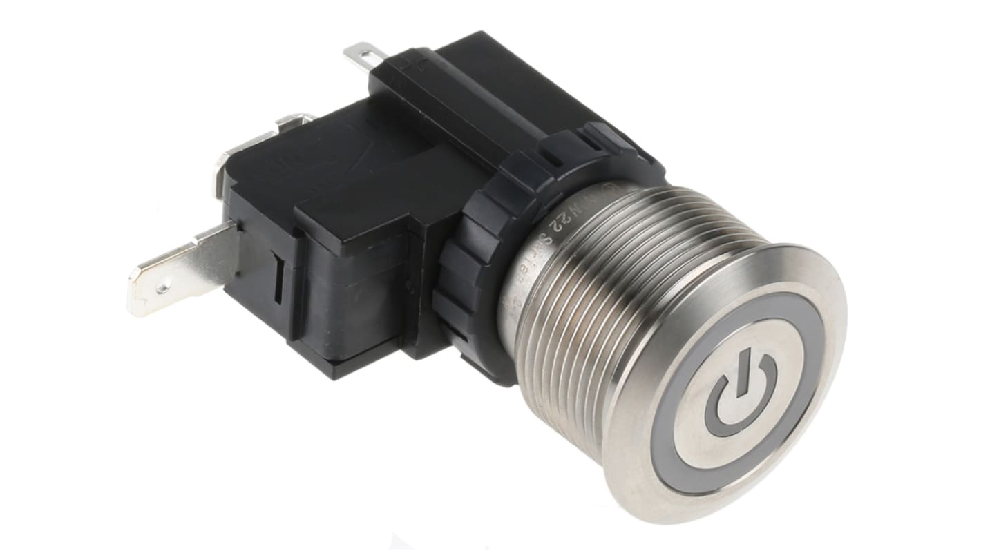 RS PRO Illuminated Push Button Switch, Latching, Panel Mount, 22.2mm Cutout, SPST, White LED, 250 / 125V ac, IP67