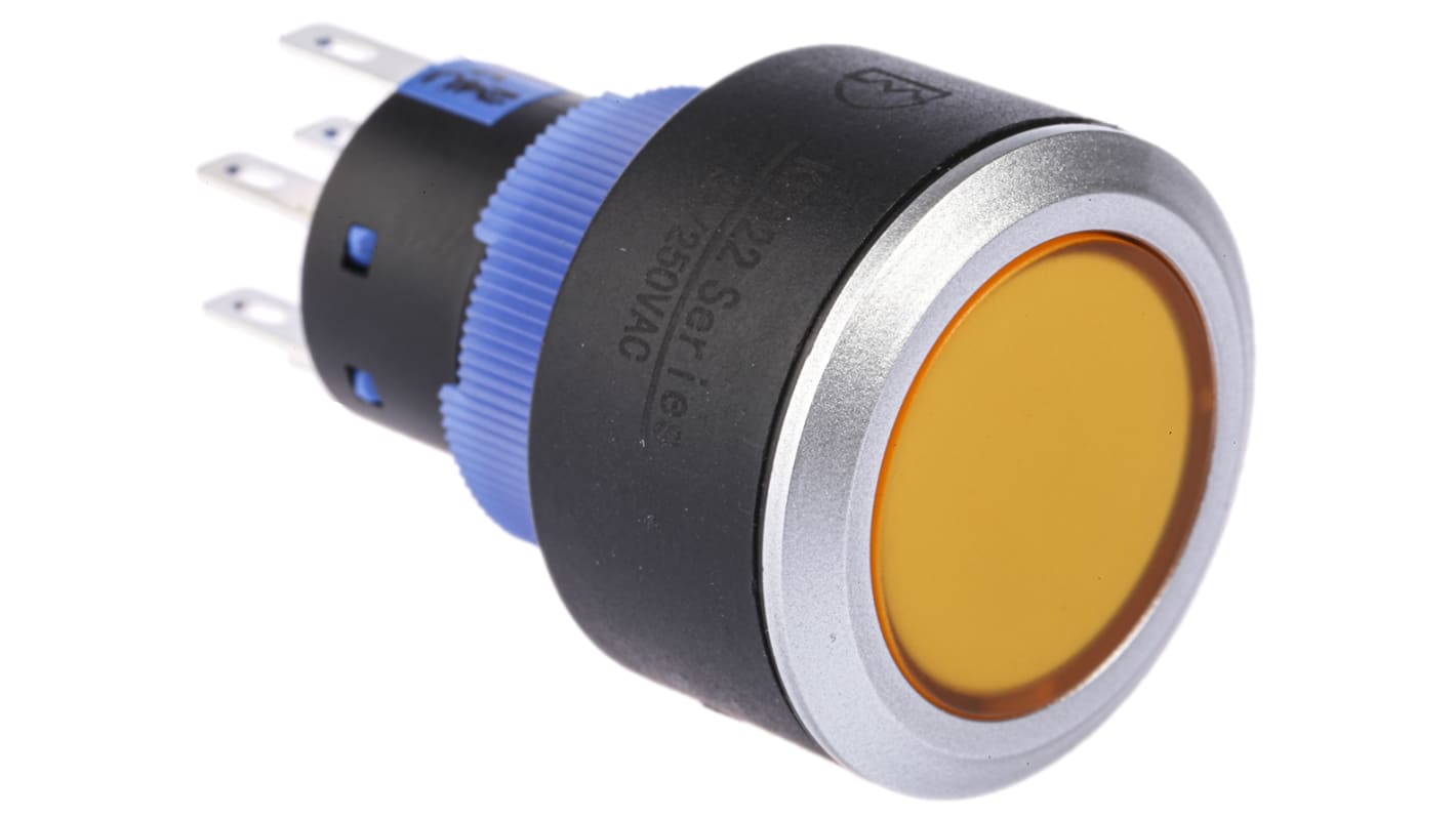 Interruptor de Botón Pulsador RS PRO, color de botón Orange, DPDT, acción momentánea, 3 A, 5 A, 250V ac, Montaje en