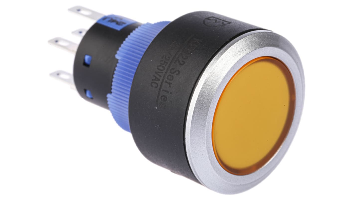 RS PRO Illuminated Push Button Switch, Momentary, Panel Mount, 22.2mm Cutout, DPDT, Yellow LED, 250V ac, IP65