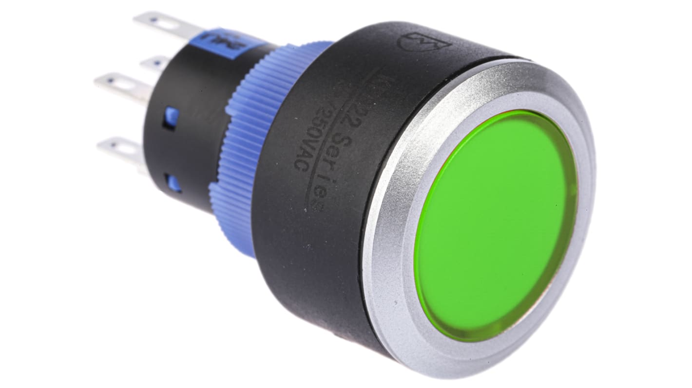 RS PRO Illuminated Push Button Switch, Momentary, Panel Mount, 22.2mm Cutout, DPDT, Green LED, 250V ac, IP65