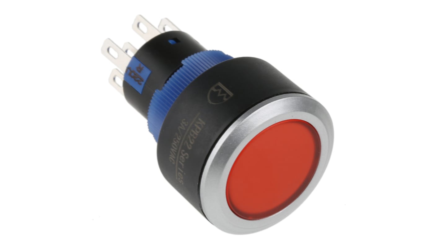 RS PRO 带灯按钮开关, Φ22.2mm开孔, 面板安装, 瞬时操作, 红色圆形, 红色LED, 双刀双掷, IP65